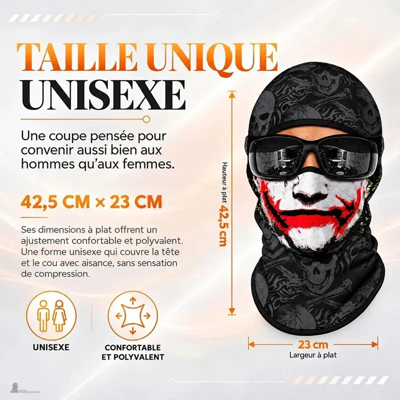 Dimensions de la cagoule moto Joker taille unique unisexe : 42,5 cm de hauteur et 23 cm de largeur à plat - Espace Cagoules