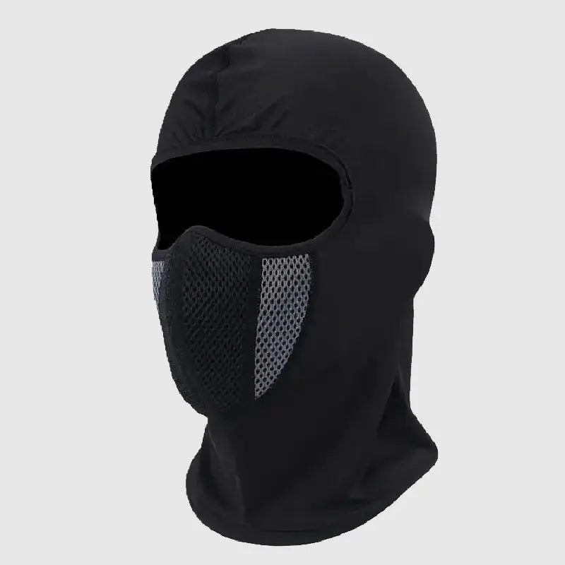 Motorcycle Lycra balaclava, featuring an ergonomic design with a unique eye opening and breathable mesh at the mouth.