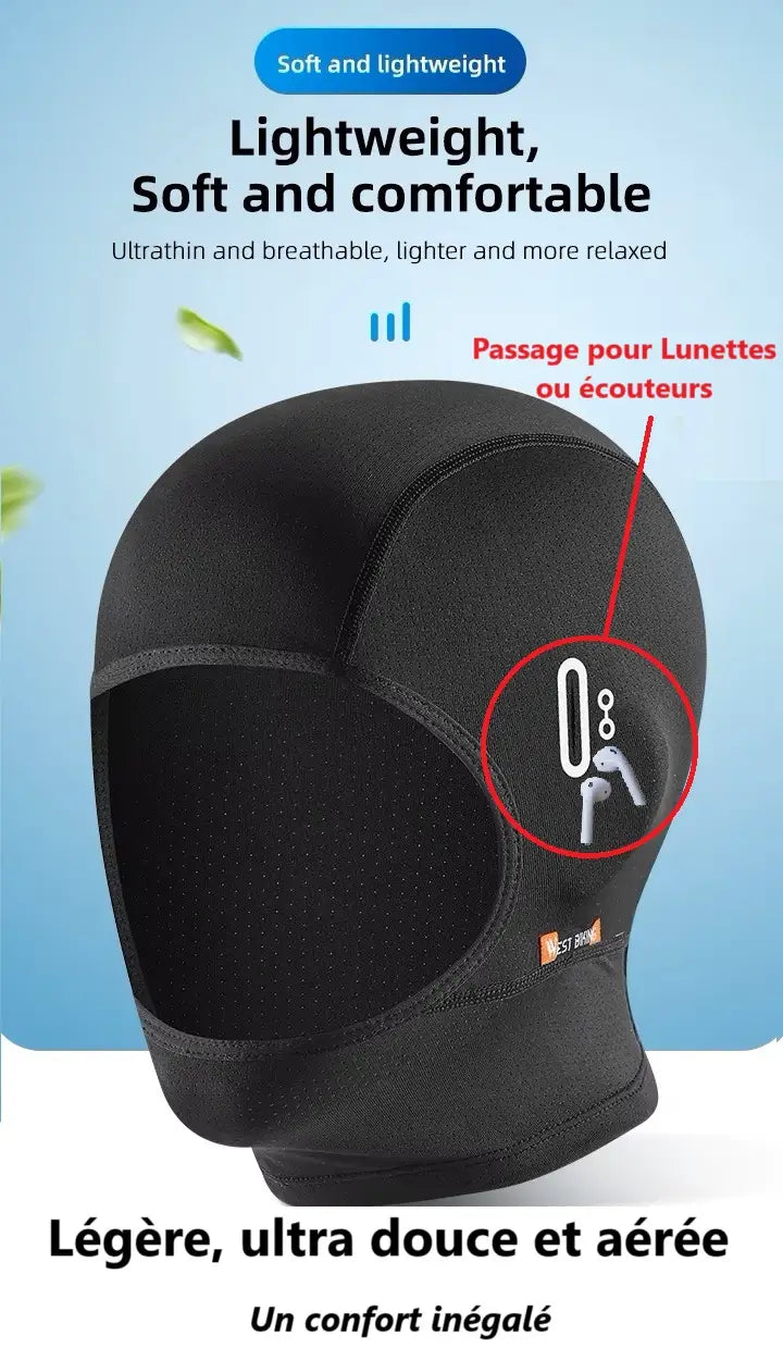 Cagoule moto été minimaliste noire, légère et respirante, avec mise en avant des zones de ventilation et d’aération pour un confort optimal sous le casque.