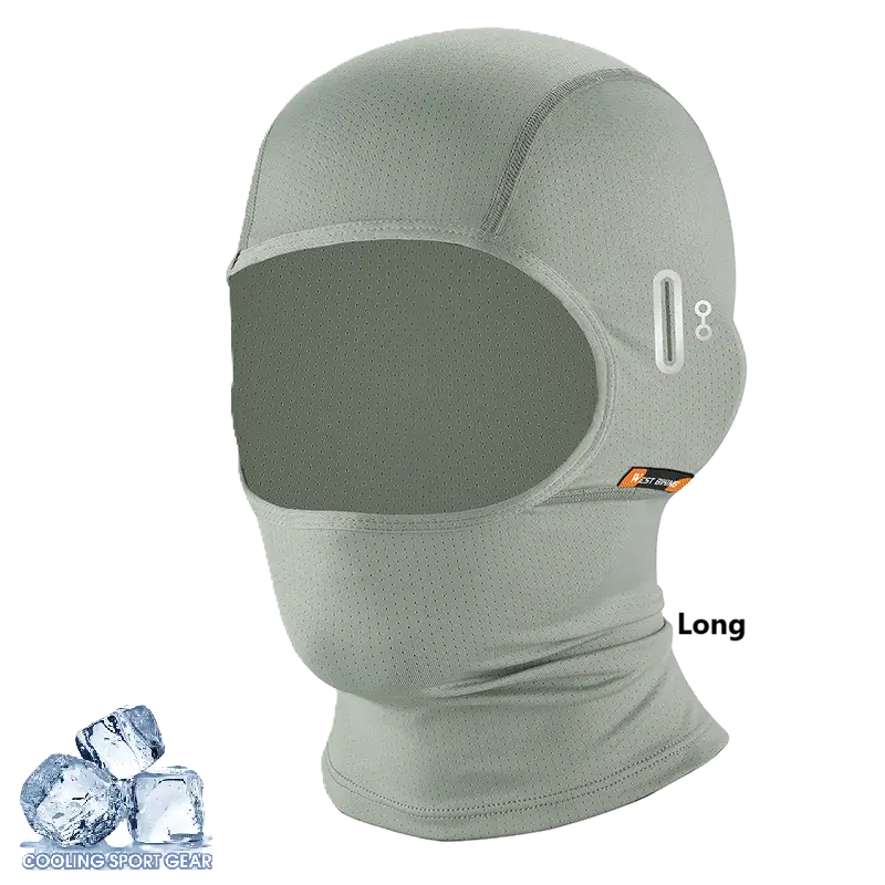 Vue latérale d’une cagoule moto été minimaliste gris clair, avec un design léger et respirant. Conception ajustée pour un confort maximal sous un casque.