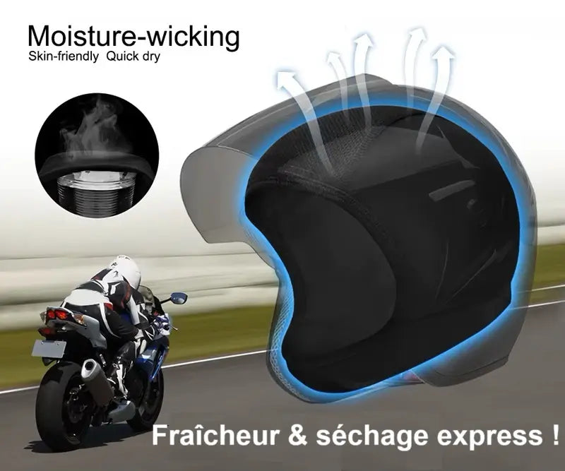 Illustration des propriétés respirantes de la cagoule moto été minimaliste, avec une mise en avant du séchage rapide et de la gestion de l’humidité. Motard en arrière-plan.