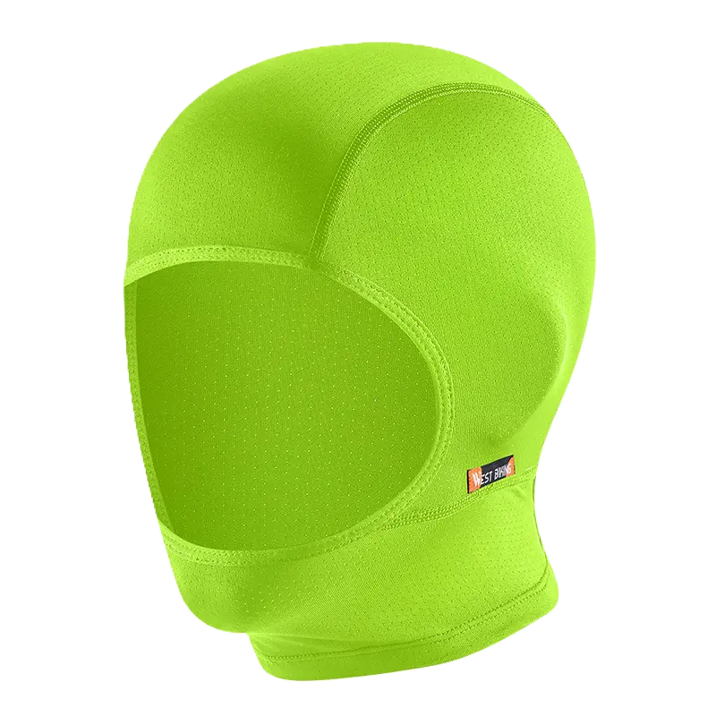 Cagoule moto été minimaliste vert fluo, vue latérale, affichée sur fond noir. Son tissu léger et respirant garantit une protection et un confort optimaux sous un casque.