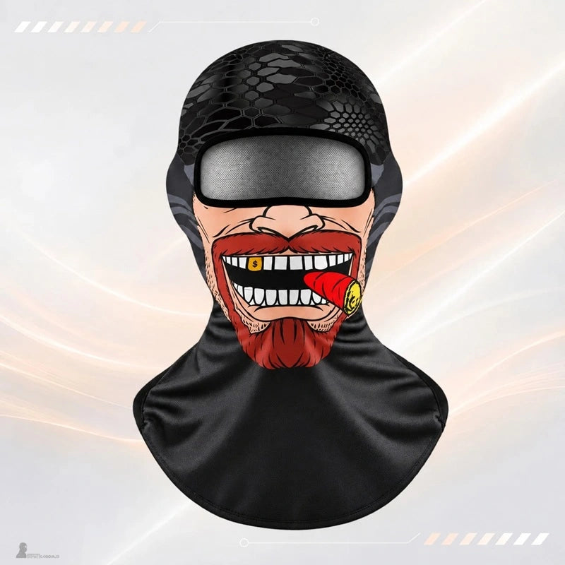 Cagoule moto originale vue de face, imprimé visage caricatural à barbe rousse et cigare, ouverture des yeux en maille - Espace Cagoules