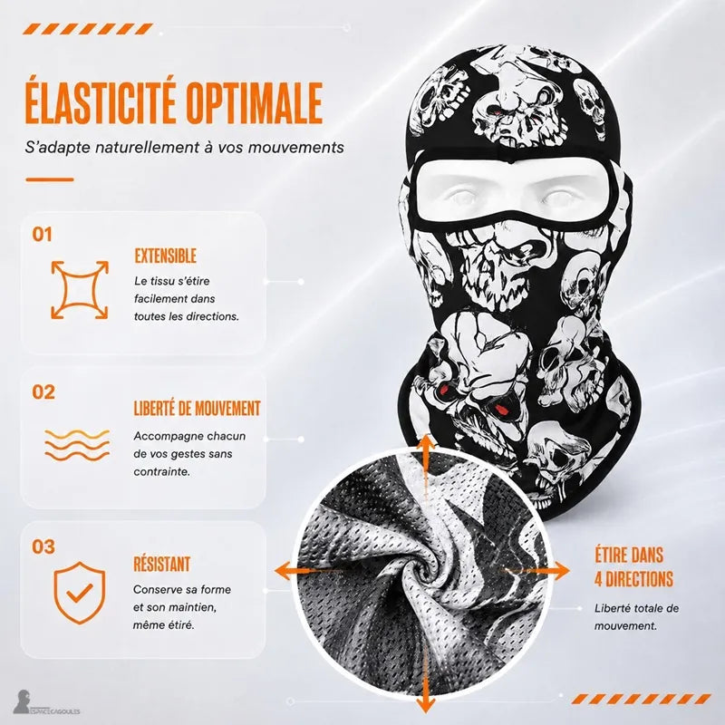 Motorcycle skull balaclava stretched illustrating 4-way elasticity and freedom of movement - Balaclava Space