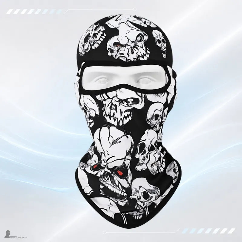 Motorcycle balaclava with a pattern of stacked white skulls, front view on a light background - Cagoules Space