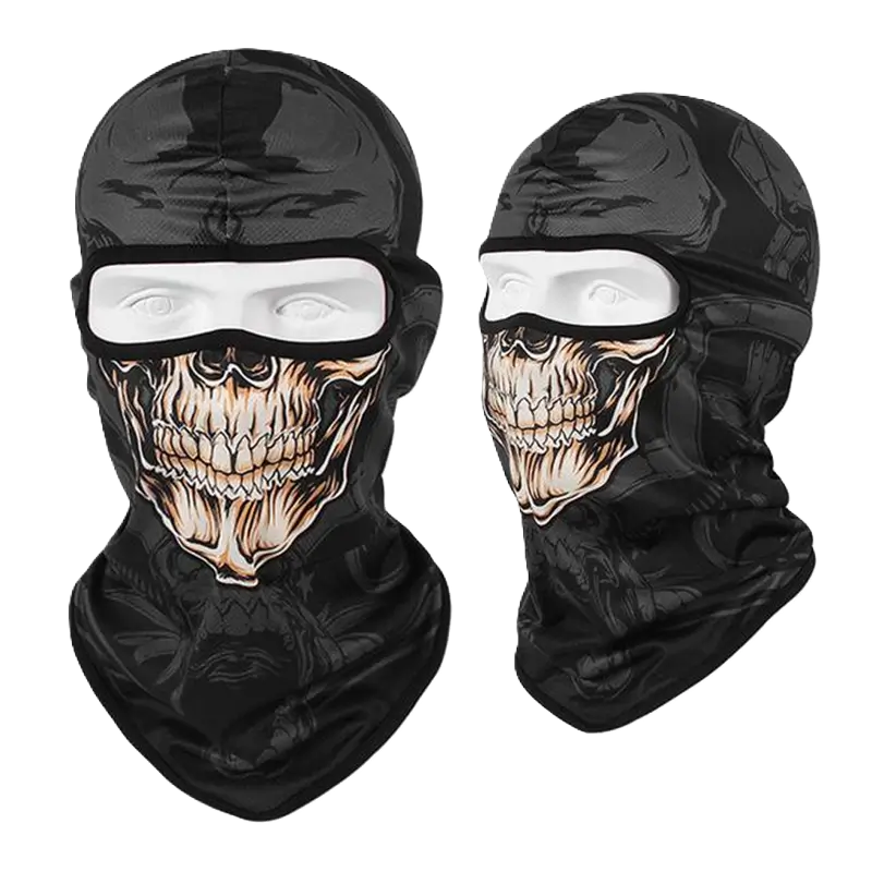 Cagoule Moto TĂȘte de Mort noire avec imprimĂ© crĂąne dorĂ©. Conception ajustĂ©e et respirante, idĂ©ale pour une protection optimale contre le vent et le froid lors des trajets Ă moto.