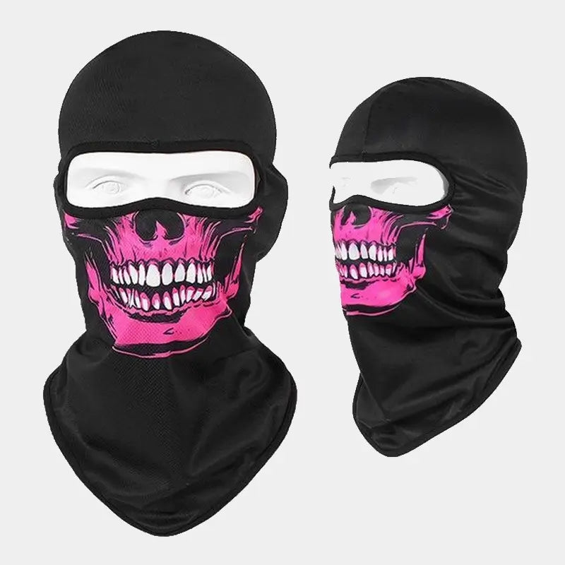 Cagoule Moto TĂȘte de Mort noire avec imprimĂ© crĂąne rose et blanc. Tissu extensible et respirant, parfaite pour les motards recherchant confort et protection contre les Ă©lĂ©ments.