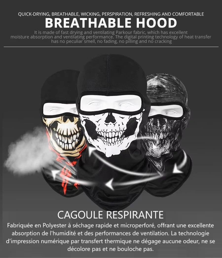 Cagoule Moto TĂȘte de Mort respirante avec illustration de ventilation. Tissu anti-humiditĂ© offrant une protection complĂšte contre le froid et le vent.
