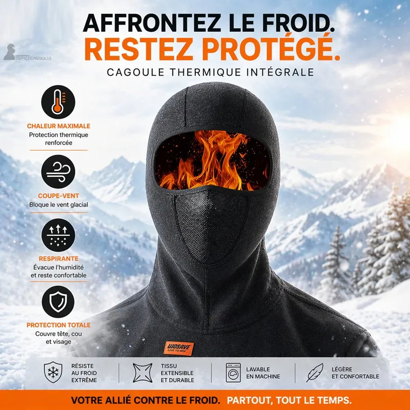 Infographie présentant les propriétés thermiques et coupe-vent d'une protection faciale intégrale noire - Espace Cagoules