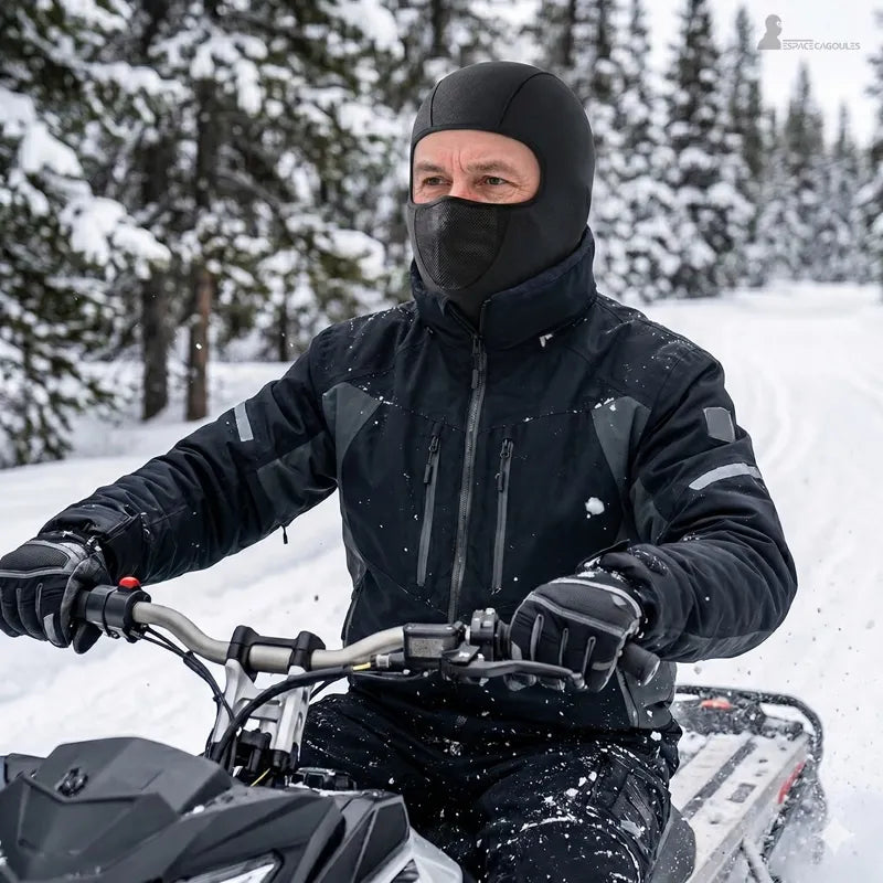 Homme pilotant un engin motorisé en forêt enneigée avec une protection faciale technique sous son casque - Espace Cagoules