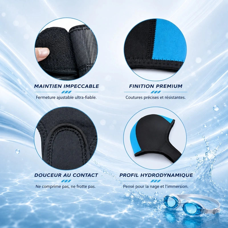 Zooms sur la fermeture velcro, les coutures et le profil hydrodynamique du bonnet néoprène de natation - Espace Cagoules