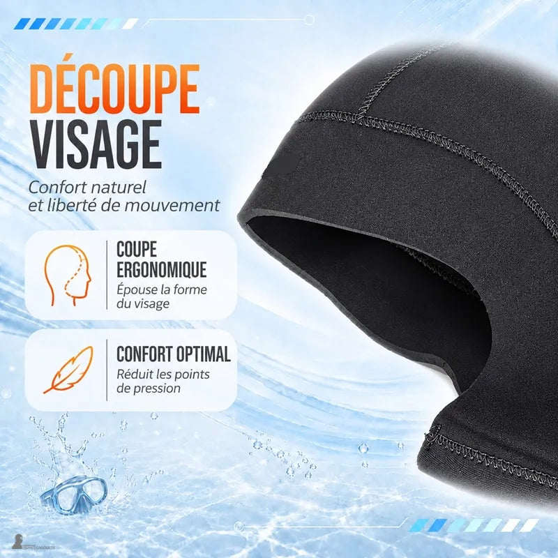 Détail de la découpe visage ergonomique de la cagoule néoprène H2OArmor - Espace Cagoules