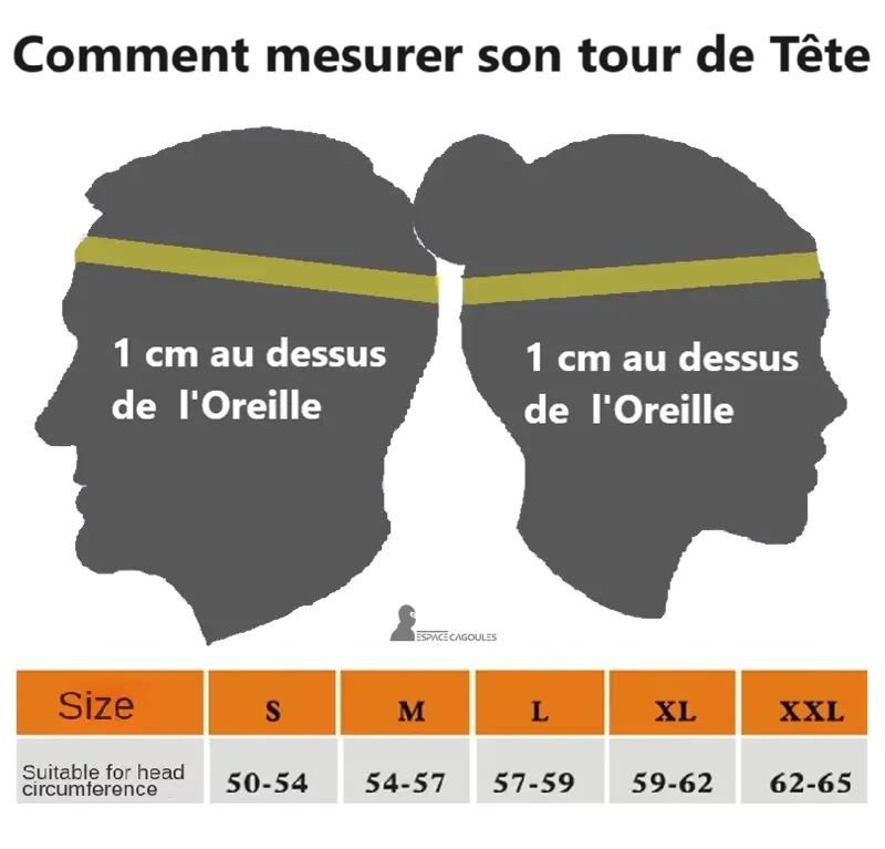 Guide des tailles pour la cagoule néoprÚne thermique 5 mm, avec schéma montrant la mesure à prendre 1 cm au-dessus des oreilles. Disponible en tailles S, M, L, XL et XXL.