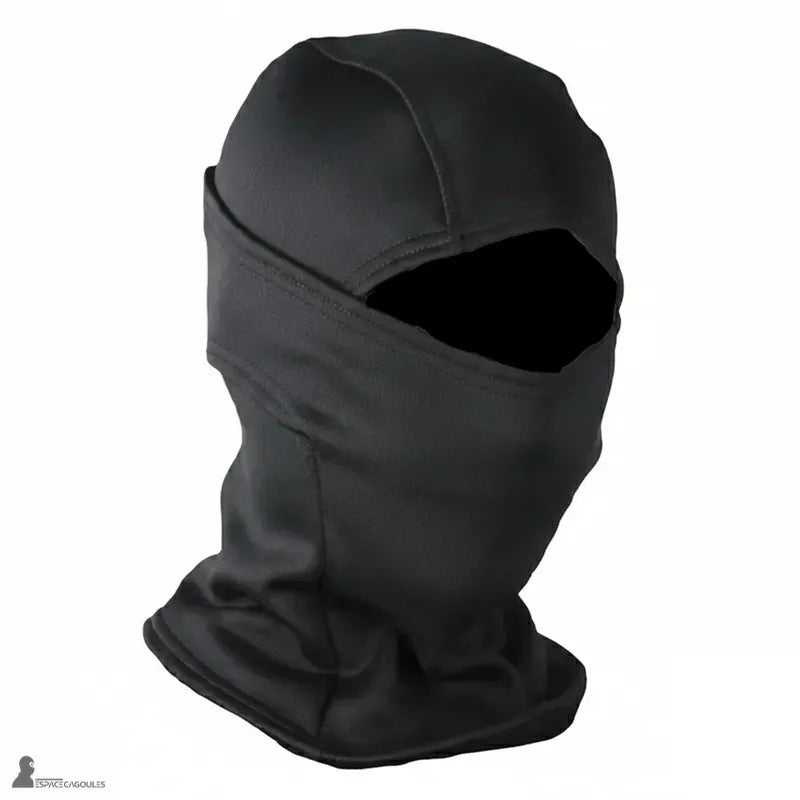 Black balaclava with 1 hole made of black polar fleece, full shape with 1 eye opening, front view on a white studio background - Balaclava Space.