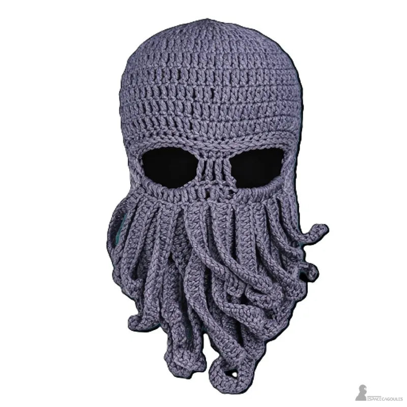 Front view of the gray thick knit octopus hood with eye openings and soft tentacles - Hood Space