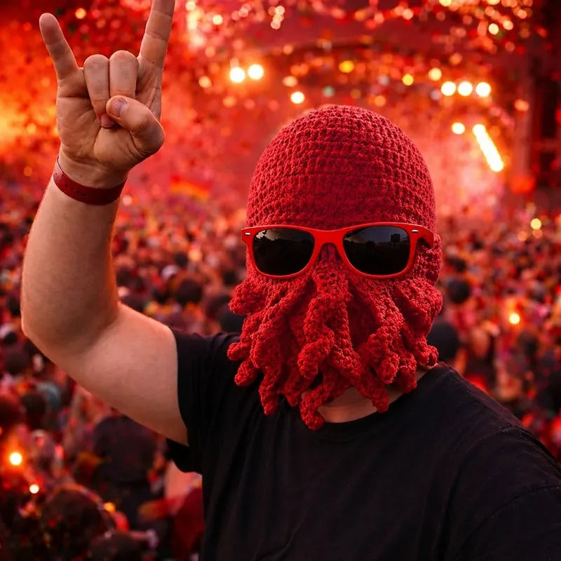 Homme portant une cagoule pieuvre rouge et des lunettes de soleil lors d'un concert - Espace Cagoules