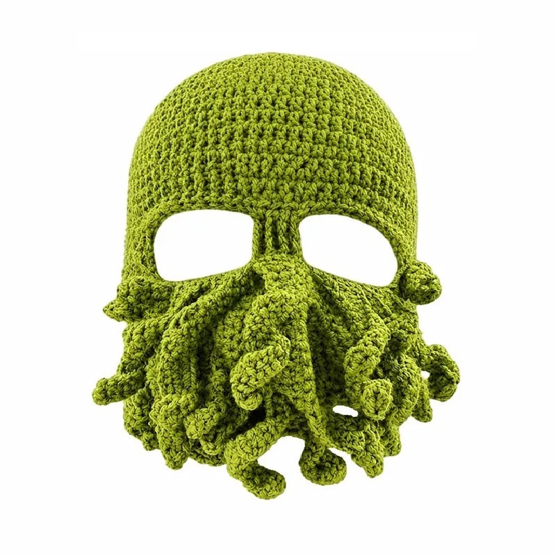Cagoule pieuvre verte en tricot avec tentacules couvrant le bas du visage - Espace Cagoules