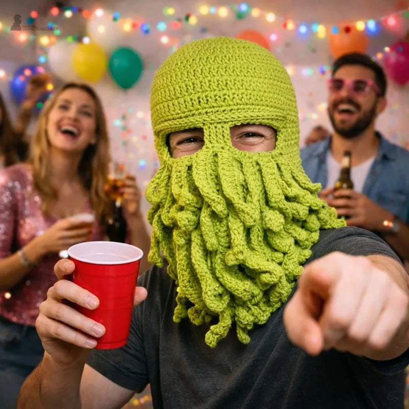 Person wearing a green knitted octopus hood at a party with bright decorations - Hood Space