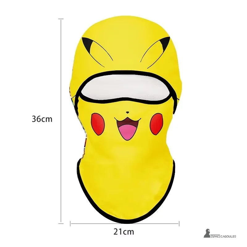 Yellow Pikachu balaclava for children with dimensions displayed, 36 cm high and 21 cm wide, white background