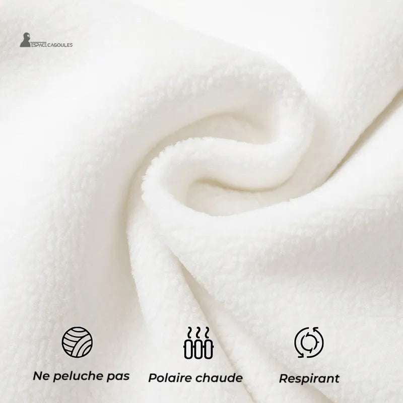 Pikachu balaclava in warm, soft and breathable white fleece, close-up of the fabric texture with explanatory pictograms