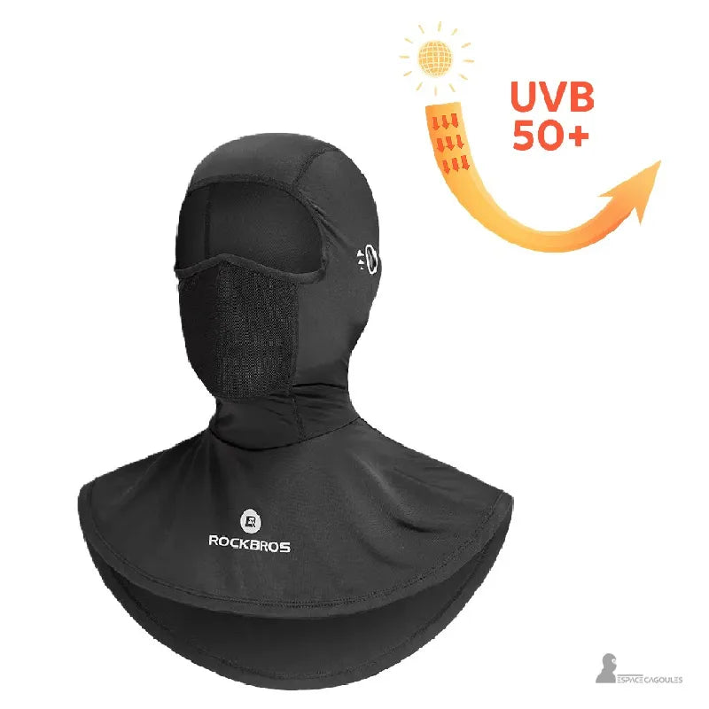 Cagoule Plastron Moto été noire certifiée UVB 50+ pour protection solaire maximale pendant la conduite