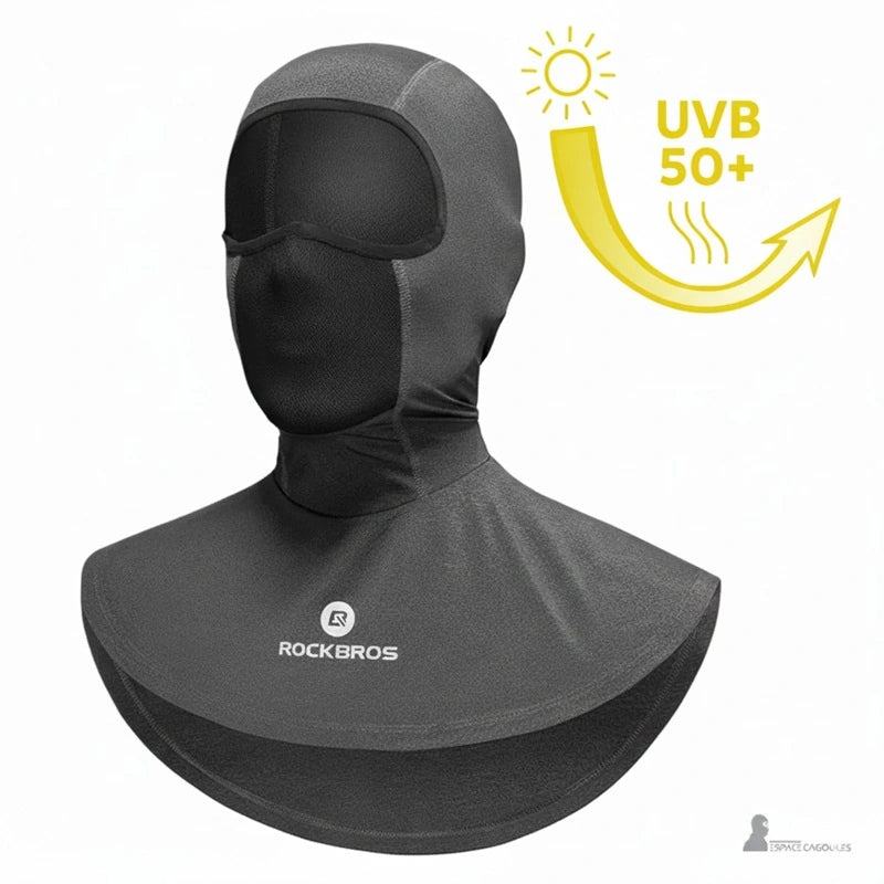 Cagoule plastron moto été avec protection UV, couvrance étendue du cou et des épaules, matiÚre respirante protégeant du soleil lors des trajets moto