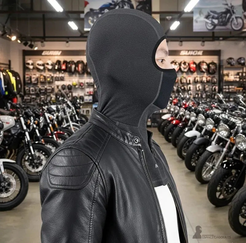 Cagoule plastron moto été portée par un motard en magasin, ajustement précis sous casque, plastron souple assurant confort et liberté de mouvement