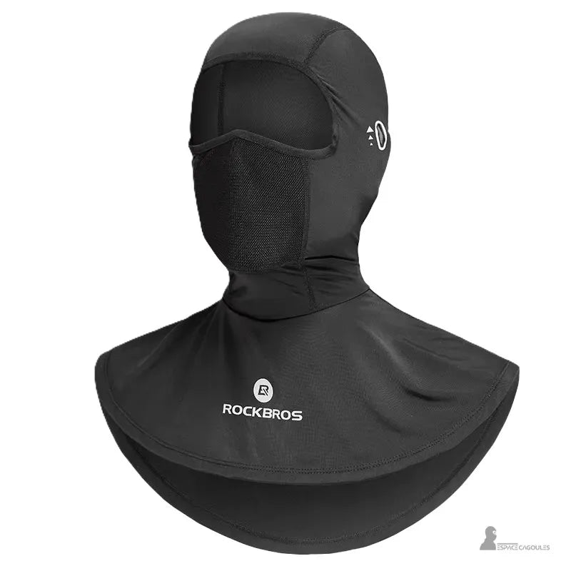 Cagoule Plastron Moto été noire avec large plastron protecteur, tissu respirant et ajustement ergonomique