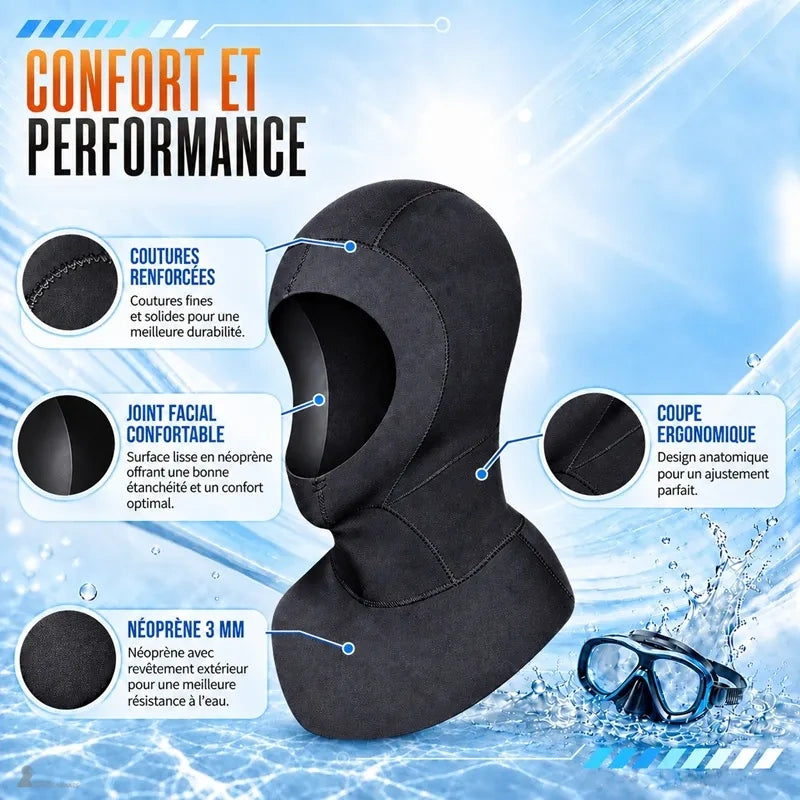 Détails de la cagoule plongée néoprÚne : coutures renforcées, joint facial et coupe ergonomique - Espace Cagoules