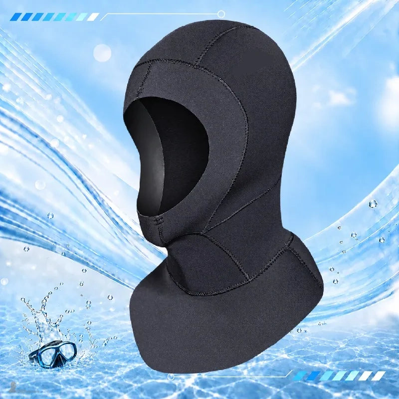 Profil de la cagoule plongée néoprÚne noire montrant la bavette longue couvrant nuque et cou - Espace Cagoules