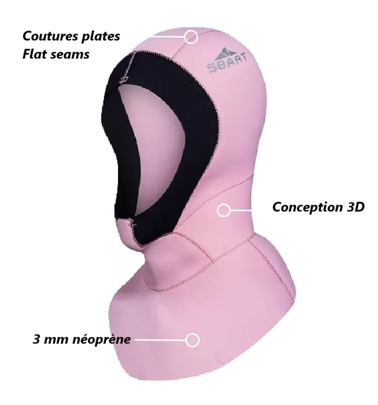 Women's pink neoprene diving hood with annotations detailing the ergonomic design, reinforced seams, ideal for scuba diving activities.