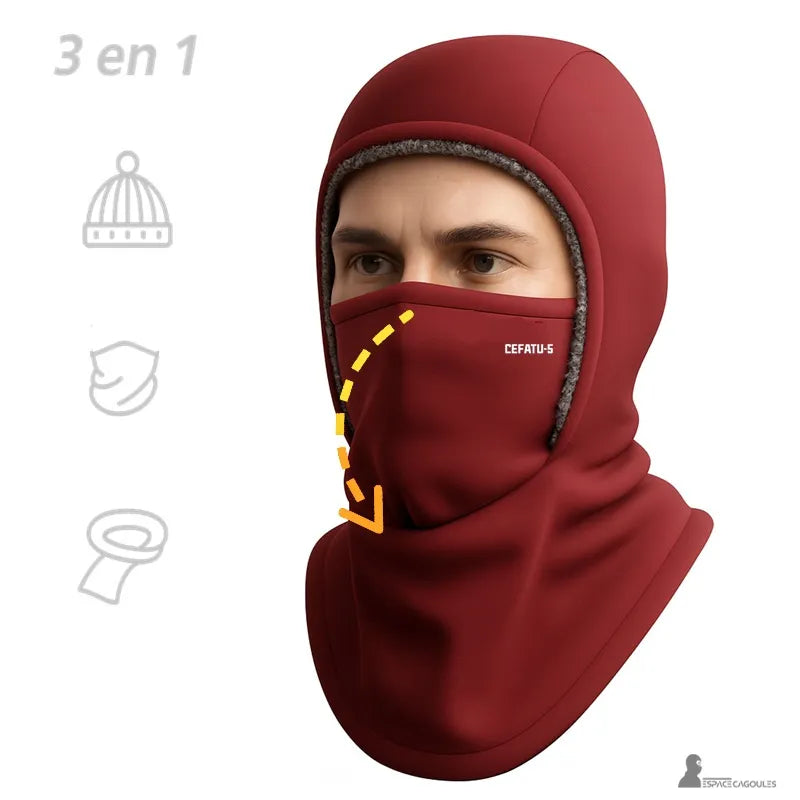 Passamontagna in pile 3 in 1 che mostra un uomo che indossa un passamontagna rosso modulare con rotazione del pannello frontale, interno grigio tenue - Espace Cagoules