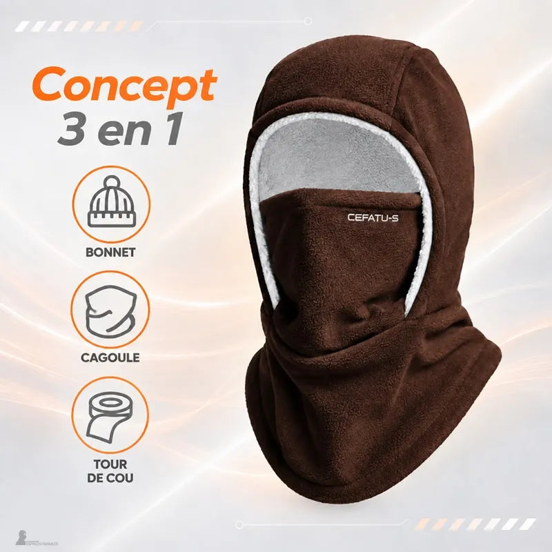 Cagoule polaire 3-en-1 marron convertible en bonnet, tour de cou et cagoule intégrale, doublure sherpa grise - Espace Cagoules