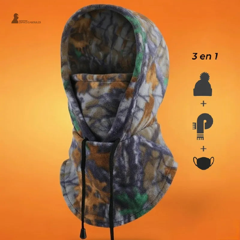 Cagoule polaire camouflage chasse 3 en 1 avec fond orange, bonnet écharpe et masque intégrés