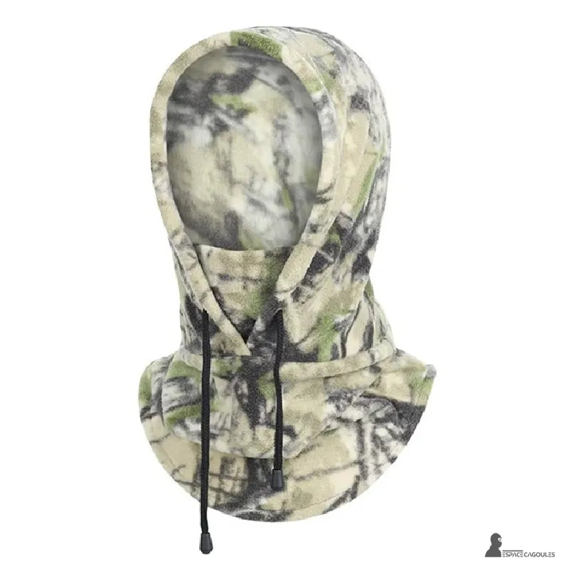 Cagoule polaire camouflage chasse claire avec touches de vert, protection efficace outdoor