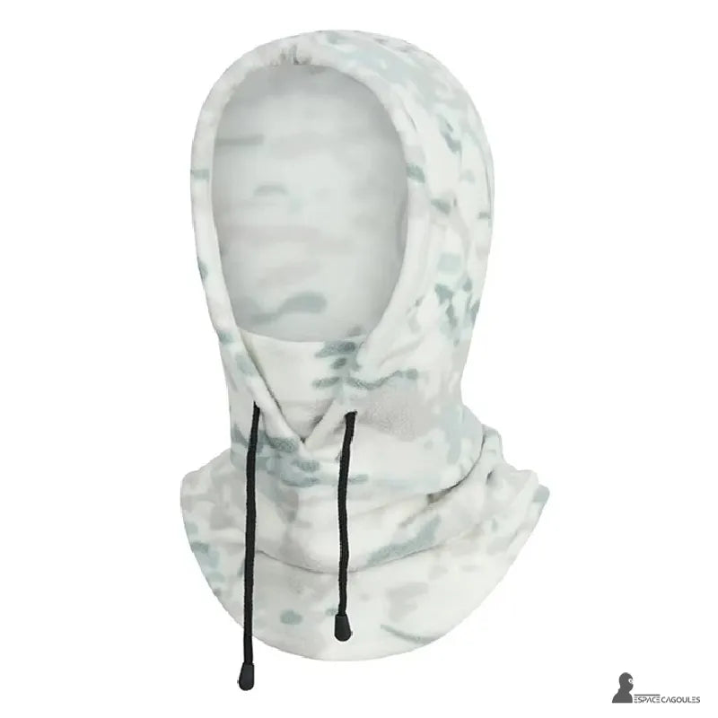 Cagoule polaire camouflage chasse blanche et grise, capuche parfaite pour chasse hivernale en environnement enneigé