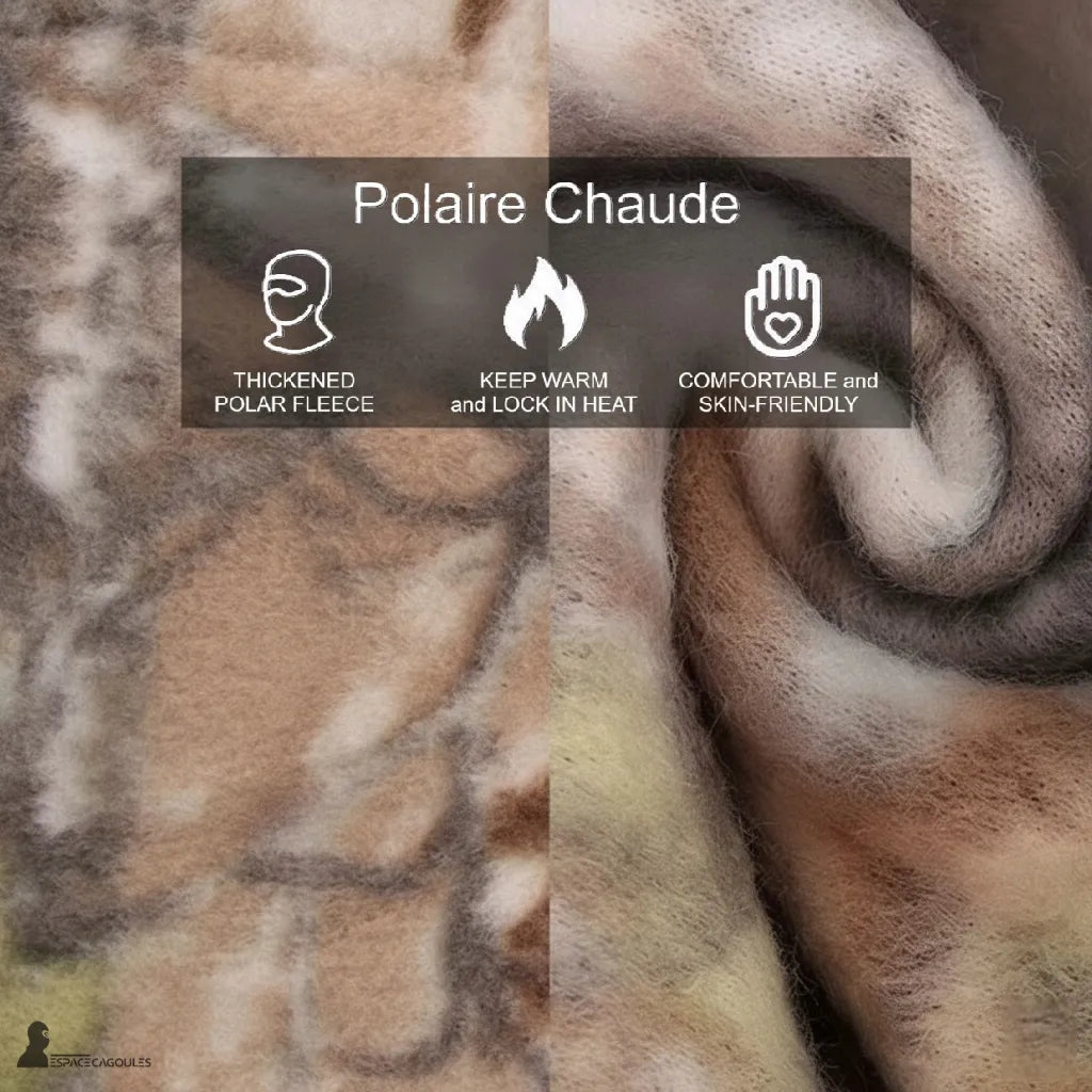 Cagoule polaire camouflage chasse gros plan tissu polaire chaud et confortable avec texture épaisse