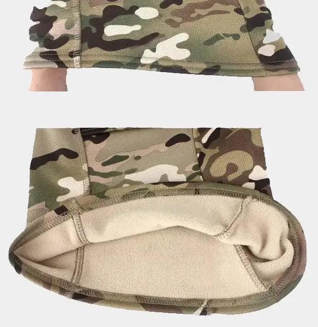 Détails de la cagoule polaire camouflage avec vue sur les coutures renforcées et l’ouverture ergonomique, garantissant un ajustement parfait et une protection efficace contre le vent et le froid.