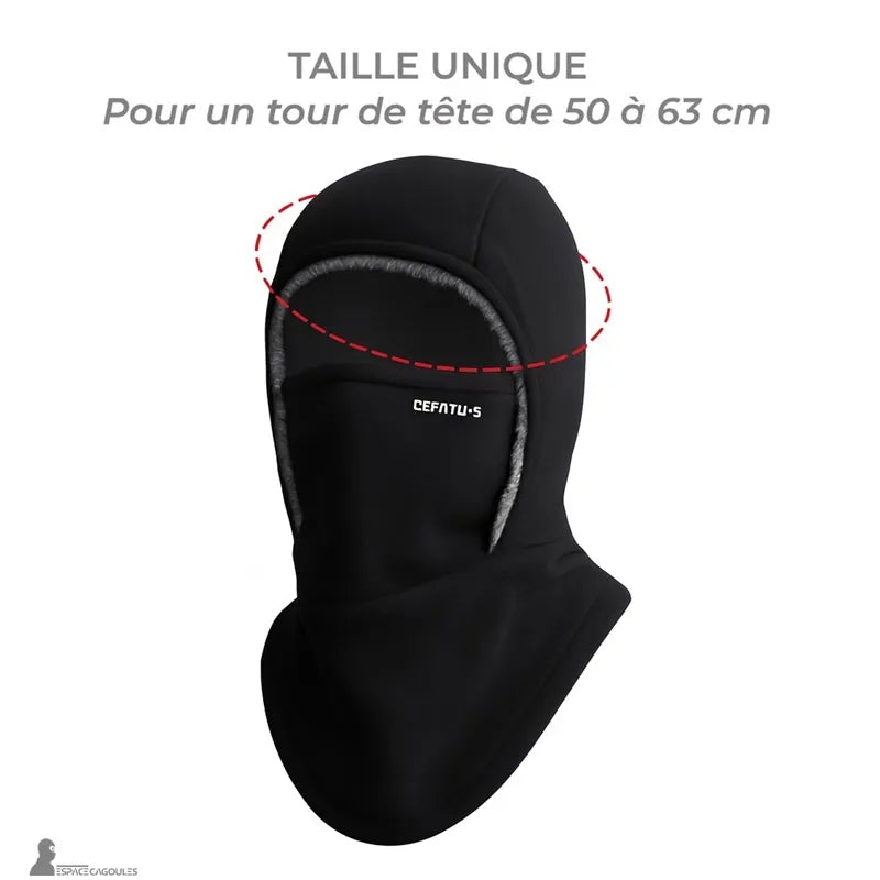 Passamontagna in pile nero che illustra la misura unica per la circonferenza della testa da 50 a 63 cm, visiva esplicativa su sfondo bianco - Espace Cagoules