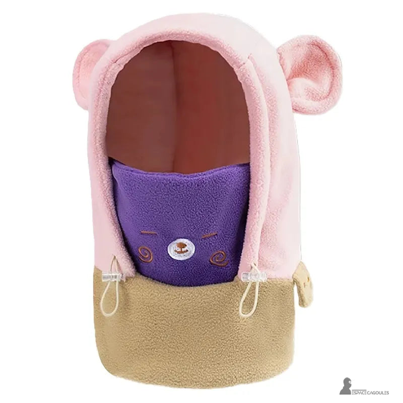 Cagoule polaire enfant 3 à 10 ans - modèle rose avec cache-cou violet et oreilles arrondies, vue de trois quarts sans environnement - Espace Cagoules