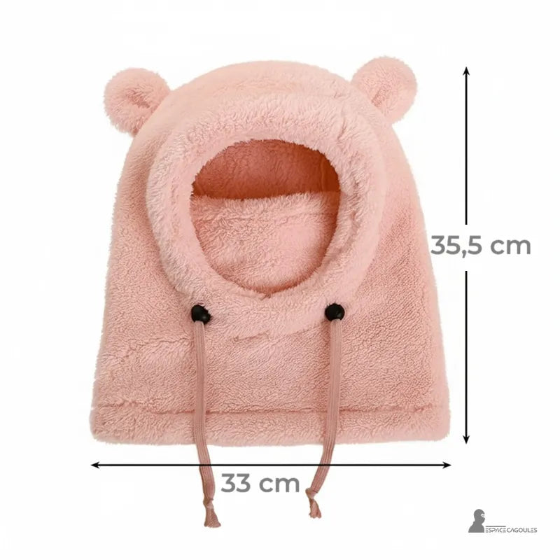Cagoule polaire enfant 4 à 10 ans rose mesurée à plat avec dimensions 35,5 cm sur 33 cm – Espace Cagoules