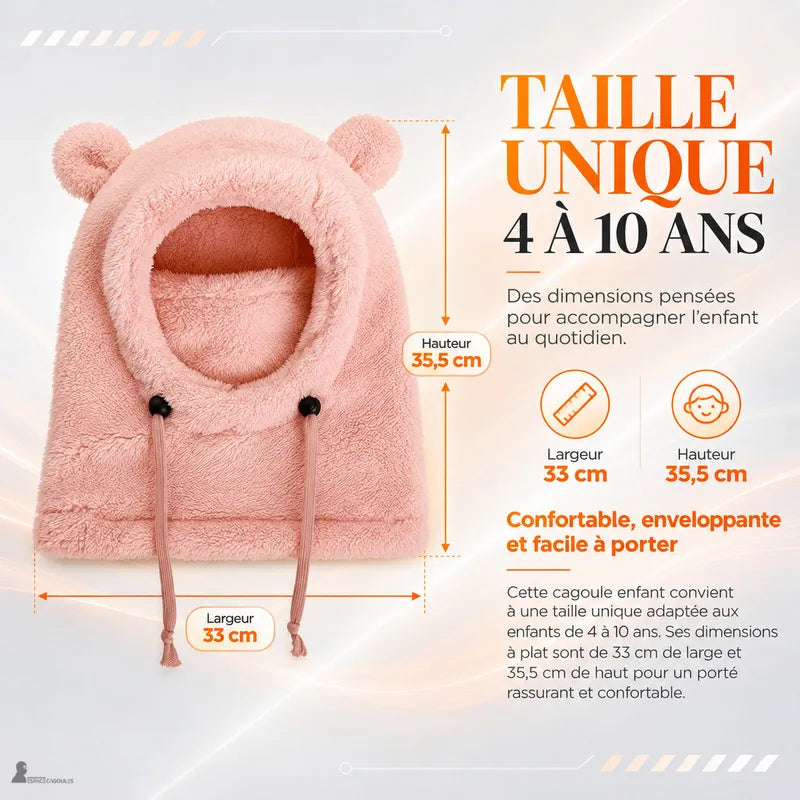 Mått på rosa fleecebalaklava för barn i one size 4-10 år: 33 cm bred och 35,5 cm hög - Espace Cagoules