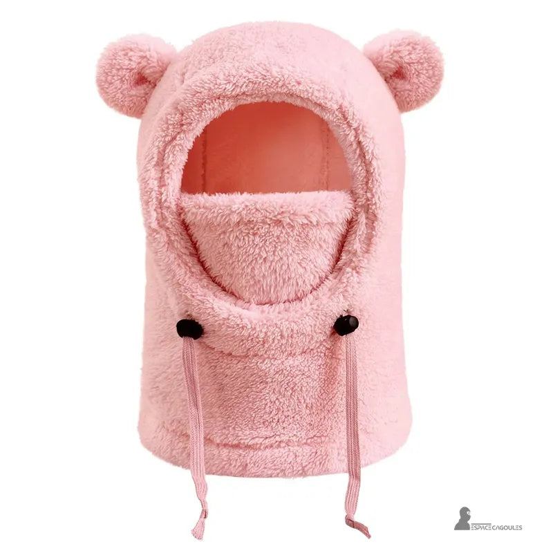 Cagoule polaire enfant 4 à 10 ans rose pastel avec cordons et oreilles d’ourson, idéale pour l’hiver – Espace Cagoules