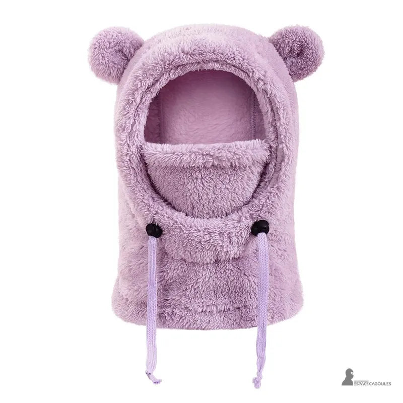 Cagoule polaire enfant 4 à 10 ans mauve douce avec oreilles d’ourson et cordons ajustables pour l’hiver – Espace Cagoules