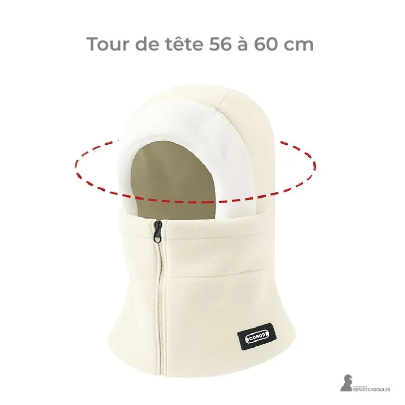 Cagoule femme polaire a zip frontal crème, illustration du tour de tête 56 à 60 cm, vue sur fond blanc - Espace Cagoules