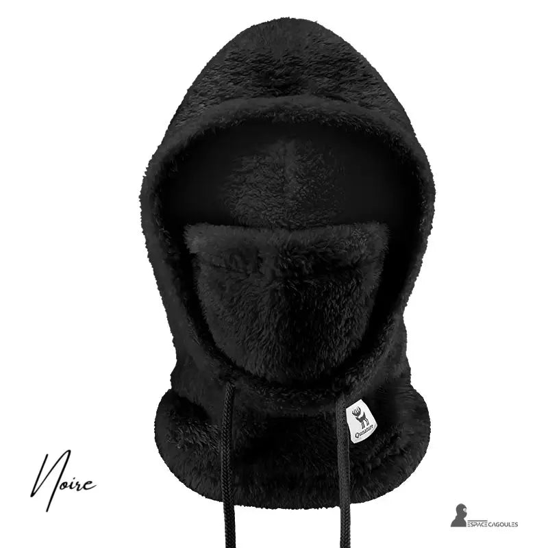 Cagoule polaire Femme noire chaude avec capuche et masque intégré, présentée sur fond blanc
