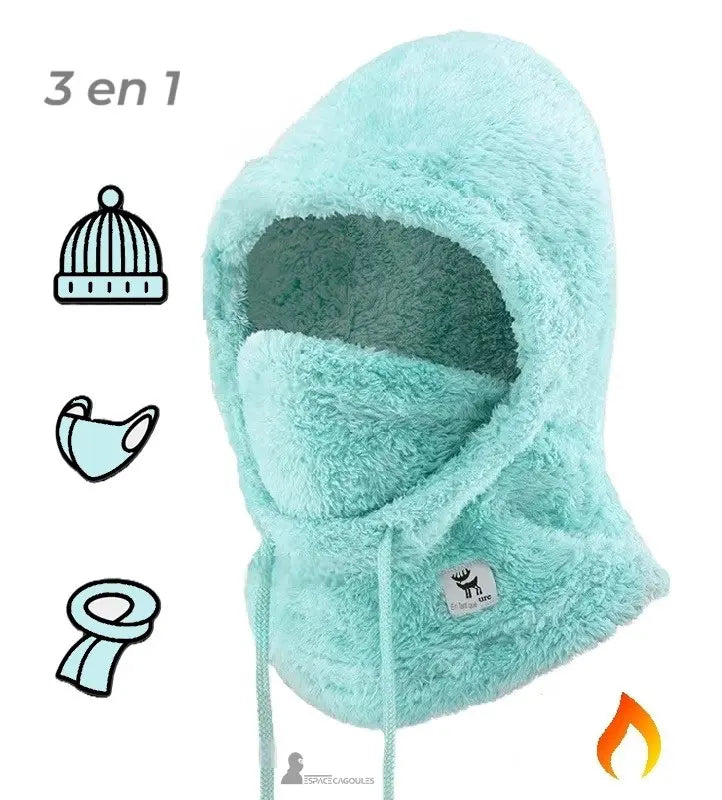 Cagoule polaire Femme turquoise 3 en 1 bonnet masque écharpe, mise en avant avec pictogrammes d’utilisation et symbole chaleur