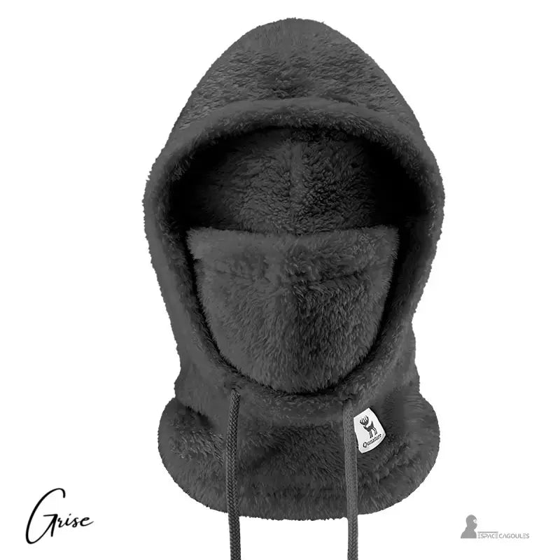 Cagoule polaire Femme grise douce et chaude avec cordons ajustables, isolée sur fond blanc