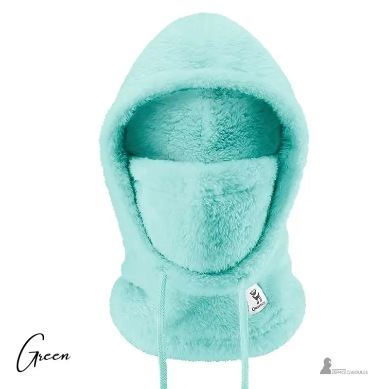 Cagoule polaire Femme verte confortable et couvrante, photographiée sur fond blanc