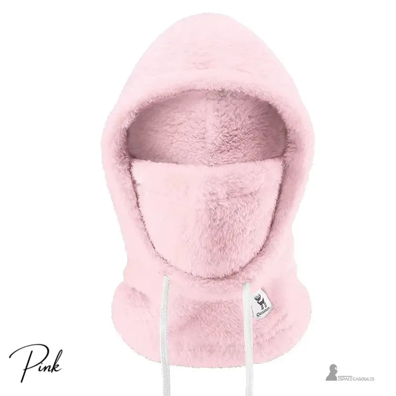 Cagoule polaire Femme rose pastel épaisse et chaude, idéale pour l’hiver, présentée sur fond blanc